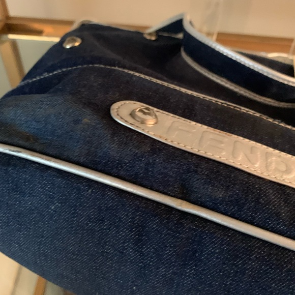 FENDI vintage denim adjustable bag with silver leather piping and rhinestones. - Picture 7 of 16